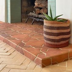 a potted plant sitting on top of a brick floor next to a fire place