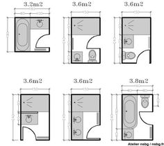 bathroom floor plans with measurements for the toilet, sink and bathtub in each room