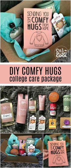 a collage of different items in a box with the words diy comfy hugs college care package