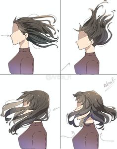 four different views of a woman's hair with long, dark hair and bangs