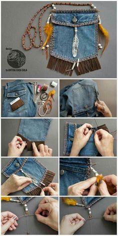 how to make a denim purse with fringes and beads - step by step instructions