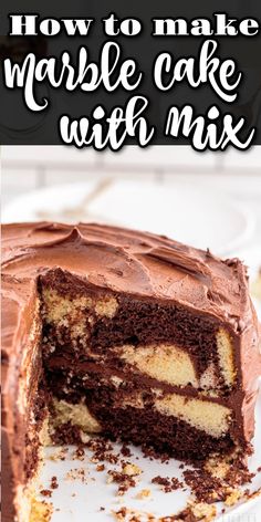 a chocolate marble cake on a white plate with the words how to make marble cake with mix