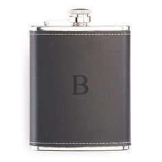 a black leather flask with the letter v on it