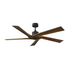 a ceiling fan with three wooden blades