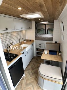 the interior of an rv is clean and ready to be used as a kitchen area