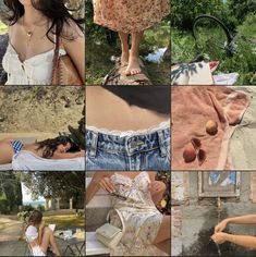 a collage of photos showing different types of women's clothing and accessories, including jeans