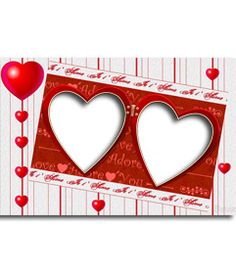 two heart shaped frames with hearts hanging from the sides on a red and white striped background