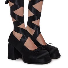 Brand New Black Platform Shoes That Lace Up To The Mid Back Of Leg Before The Calf Sold Out Htf Size 9, Gorgeous Black Ballet Heels, Flats With Ribbons, Black Ribbon Heels, Heels With Ribbon Laces, Long Strap Heels, Vampire Shoes, Lace Up Shoes Women, Sugar Thrillz Shoes, Witchy Shoes