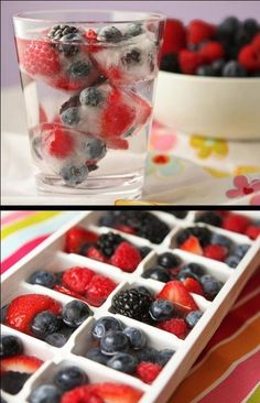 fresh fruit cubes are arranged in an ice tray and placed on a colorful tablecloth