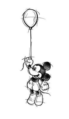 a drawing of mickey mouse holding onto a balloon with his head hanging from it's side