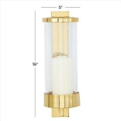 a brass and glass wall light with measurements