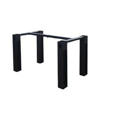 a black metal table with two legs and one leg raised up to the ground, in front of a white background