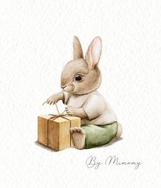 a watercolor painting of a bunny sitting on top of a box with a mouse in it's hand