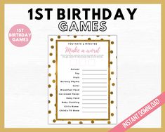 a birthday game with the words 1st birthday games written in gold and pink on it