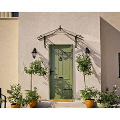 a green door and some potted plants in front of a house