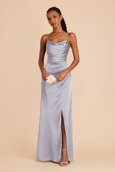 This matte satin cowl neck bridesmaid dress with ultra-glam ruching is ready for her day in the sun. Available in Periwinkle Blue. A modern mermaid skirt and cool cowl neck join forces to bring you Lydia: a showstopping bridesmaid dress for a glamorous wedding. | Periwinkle Blue Bridesmaid Dress Matte Satin Size XS | Birdy Grey Lydia Satin Dress Colors, Elegant Blue Bridesmaid Dresses, Bridesmaid Dresses French Blue, Simple Cute Prom Dresses, Wedding Guest Dress Light Blue, French Blue Wedding Bridesmaid, Wedding Guest Dresses Blue, Dust Blue Bridesmaid Dress, Beach Wedding Bridesmaid Dresses Blue