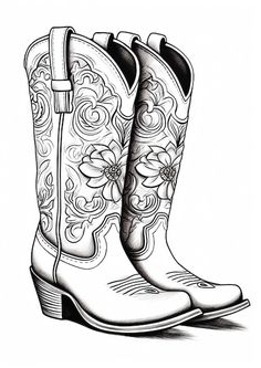 a pair of cowboy boots with flowers on the soles, drawn in black and white