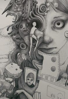 a pencil drawing of a woman's face with many objects around her