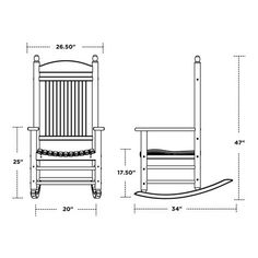 a wooden rocking chair with measurements