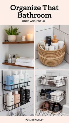 A pinterest pin with a collage of great bathroom organization hacks. The top left image shows a shelf with towels, a plant, and a candle. The top right image shows a basket filled with toiletries. The bottom left image shows a rack holding multiple bottles of shampoo and conditioner. The bottom right image shows a basket placed on the floor to hold shoes and dry towels. The pin has the title "Organize That bathroom" with the subtitle "once and for all". The site name is Pulling Curls®. Organizing Bathroom, Small Bathroom Storage Solutions, Small House Organization, Ideas For Organizing, Bathroom Storage Hacks, Organize Your Bathroom, House Organization, Clear Bins, Organizing Bathroom Cabinets