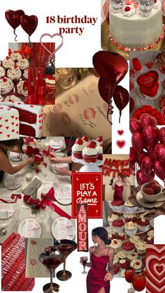 a collage of red and white valentine's day party items, including cake, cupcakes, hearts, candles, balloons