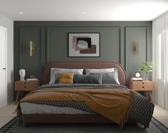 a bedroom with a bed, nightstands and pictures on the wall