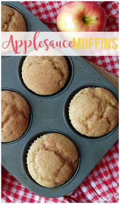 applesauce muffins in a baking pan on a checkered tablecloth