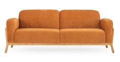 an orange couch sitting on top of a wooden frame