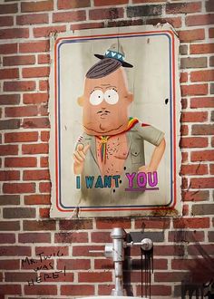 a sign on the side of a brick wall that says i want you with a cartoon character