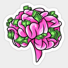 a bunch of money sitting on top of a pink sticker that is in the shape of a brain