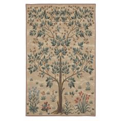 a tree with leaves and flowers is shown in this tapestry style wall hanging art piece