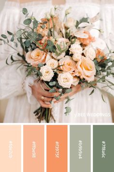 a bride holding a bouquet of flowers in her hands with the colors peach and green