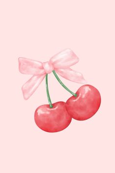 two cherries with a pink bow on top and one cherry in the middle, against a light pink background