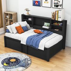 Cosmic Twin Wooden Captain Bed with Built-in Bookshelves, Three Storage Drawers and Trundle | Wayfair Builtin Bookshelves, Twin Beds For Boys, Twin Captains Bed, Metal Daybed With Trundle, Twin Daybed With Trundle, Captains Bed, Twin Trundle Bed, Lying In Bed, Metal Daybed