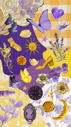 a collage of flowers, sunflowers and other things on a yellow background