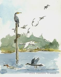 watercolor painting of birds flying over a body of water