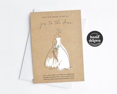 a card with a drawing of a woman in a wedding dress