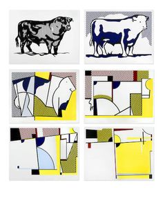 six different images of cows in various colors and sizes, each with an individual's silhouette