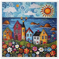 a painting of some houses by the water with flowers in front of it and a sun above them