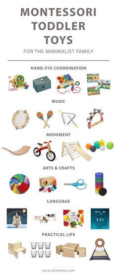 the montessori toddler toys list is shown in this graphic style, with different types