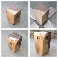 four different views of a wooden object with holes in it's center and sides