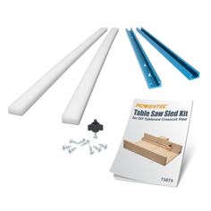 the table saw set includes three pieces of wood, two screws and one piece of plastic