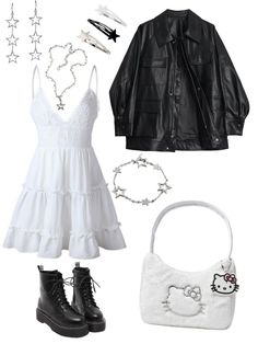 Cute White Outfits Aesthetic, How To Style A Black Skirt Long, White Dress Leather Jacket, White Outfits Aesthetic, Black And White Aesthetic Outfit, Spring Clothes