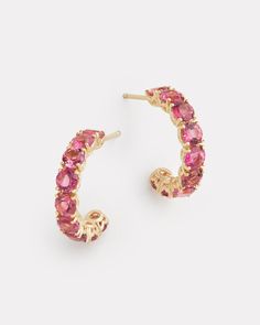 18K Yellow Gold Pink Tourmaline Hoop Earring3/4 Inch Diameter Style# YERHPT Pink Jewerly, Tiffany And Co Necklace, Formal Jewelry, Asymmetrical Earrings, Floral Studs, Prom Jewelry, Pink Jewelry, Funky Jewelry