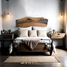 a bed with white sheets and pillows in a bedroom next to a wooden headboard