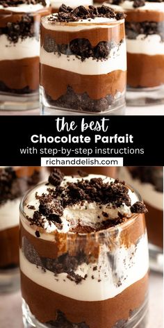 the best chocolate parfait with oreo cookies and creams in glass dishes