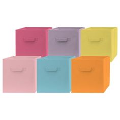 six different colored storage boxes with handles