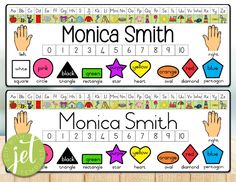 two posters with the words monica smith and her name on them, which are in different colors