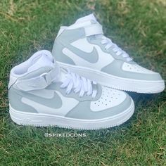 All white af1 custom painted light gray (mid)Verify your shoe size for orderingAll Air Force ones are authentic and new comes in the box.. purchased from Nike retailers Nike Air Force High, White Af1, Teen Shoes, Air Force High, Air Force One Shoes, Nike Shoes Women Fashion, Af1 Custom, Shoes For School, Air Force Shoes