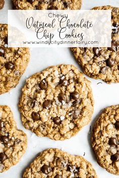 chocolate chip cookies are arranged on a sheet of parchment paper with the words, easy oatmeal chocolate chip cookies